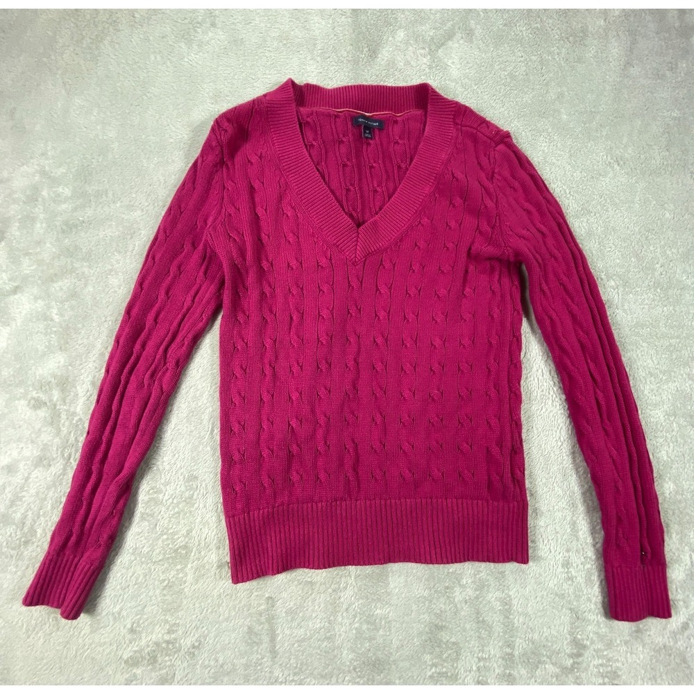 Tommy Hilfiger Sweater Womens Small Pink Cotton Cable Knit V Neck Ribbed Hem